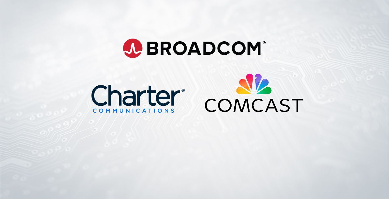 Broadcom, Charter and Comcast logos on generic background